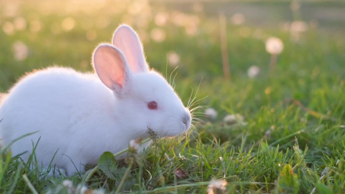 一只可爱的小白兔正在长满绿草的田野里吃东西。日落时一只美丽的复活节小白兔。