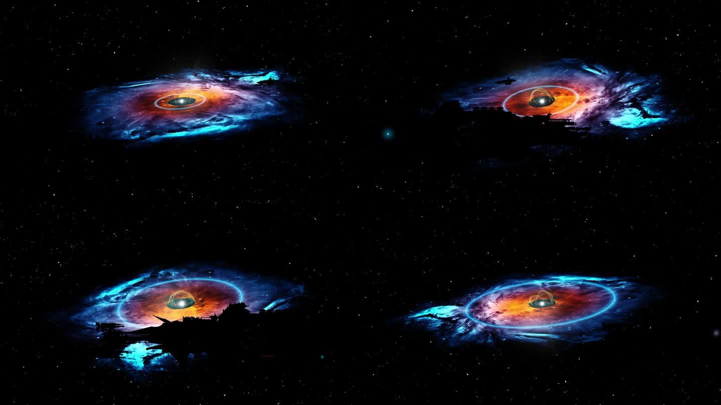 一个美丽的彩色旋转星云，中心有一个脉冲光，巨大的宇宙飞船在旋转的恒星的背景下飞过。4k循环视频动画。