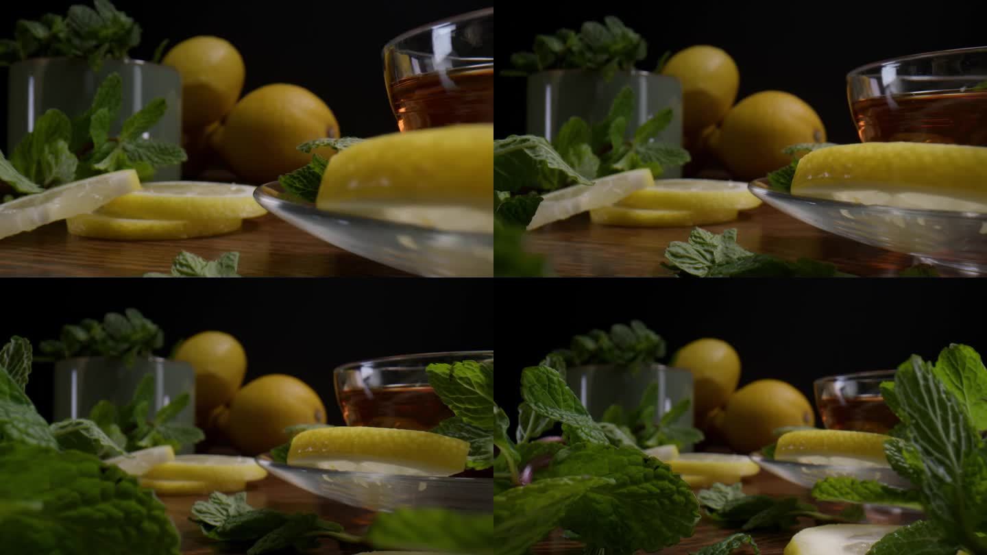 近距离拍摄新鲜的柠檬香，茶与柠檬片放在桌子上-商业镜头