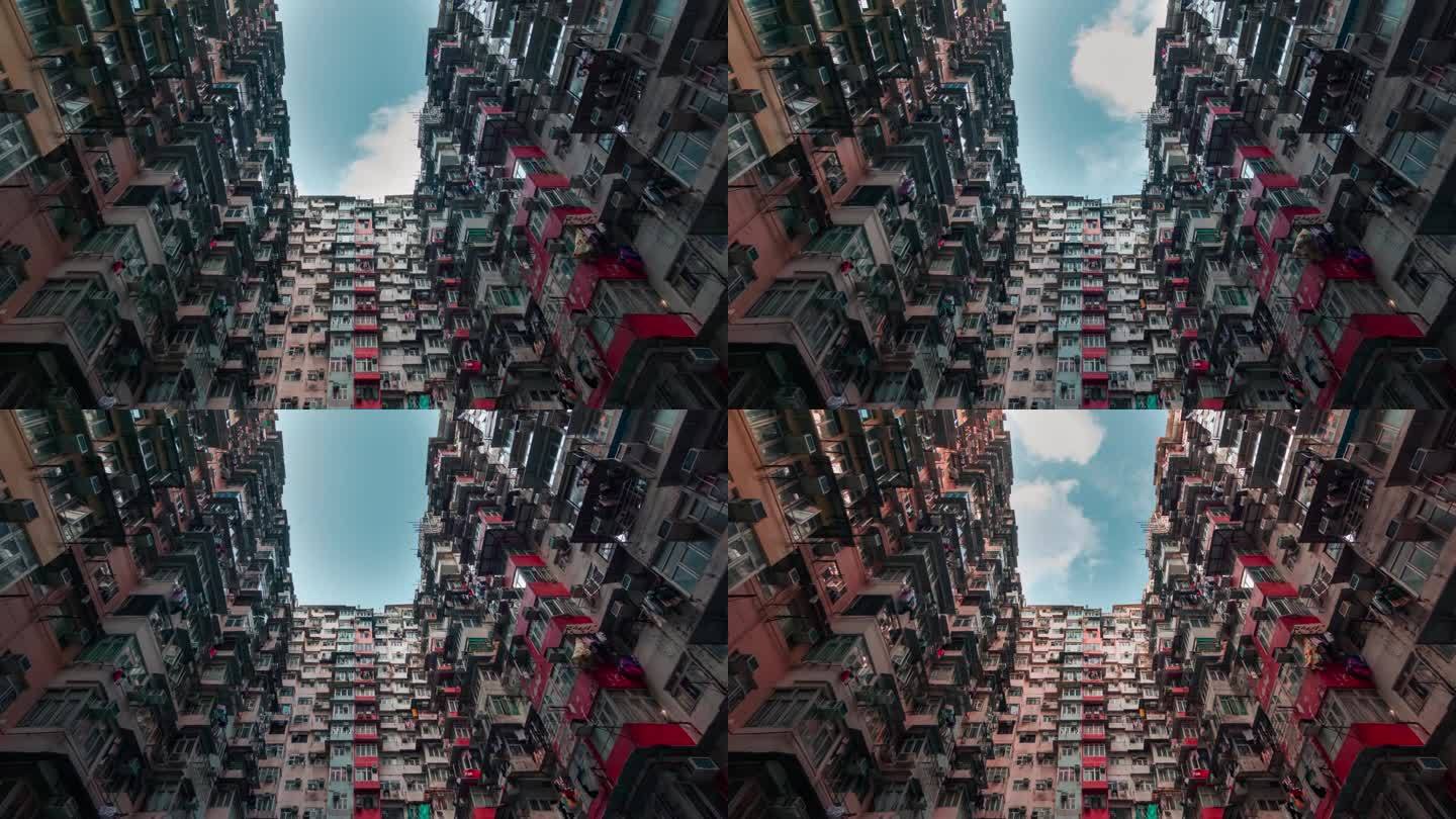 4K延时拍摄:香港蓝天下的低角度公寓。