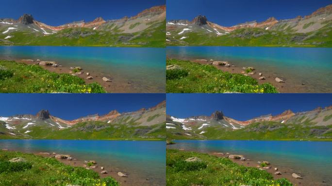 科罗拉多冰湖盆地小径低令人惊叹的明亮的蓝色高山清澈的水夏天蓝天落基山雪峰西尔弗顿特柳赖德梦幻宁静的野