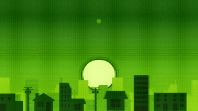 日落时的城市景观视频。复古游戏像素美术风格。