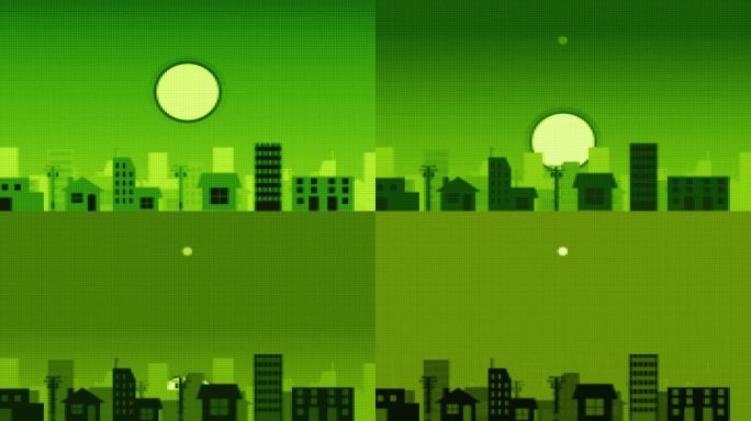 日落时的城市景观视频。复古游戏像素美术风格。
