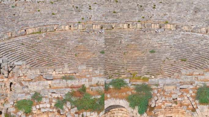 垂直视频。故事的格式。在这段迷人的航拍视频中，佩尔热古城的遗迹映入眼帘，在历史遗迹中展示了一个令人惊