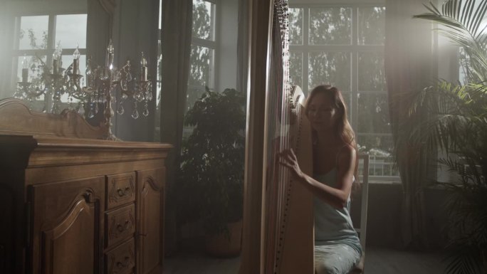 优雅的女竖琴演奏家在工作室里用朦胧的光线演奏音乐