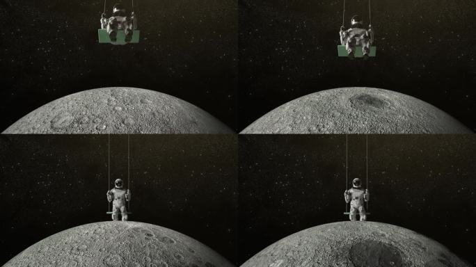 以太空为背景的宇航员秋千。月亮下面。重力。超现实主义。星空。三维动画的无缝循环