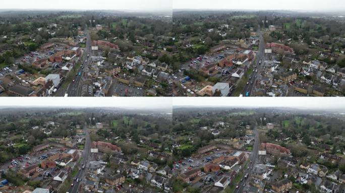 英国萨里郡埃舍尔镇高空无人机鸟瞰4K画面