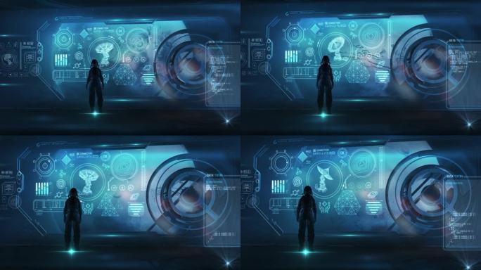 宇航员在虚拟面板前。三维渲染