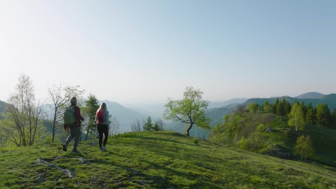 老年夫妇在生机勃勃的绿色山坡上徒步旅行的鸟瞰图