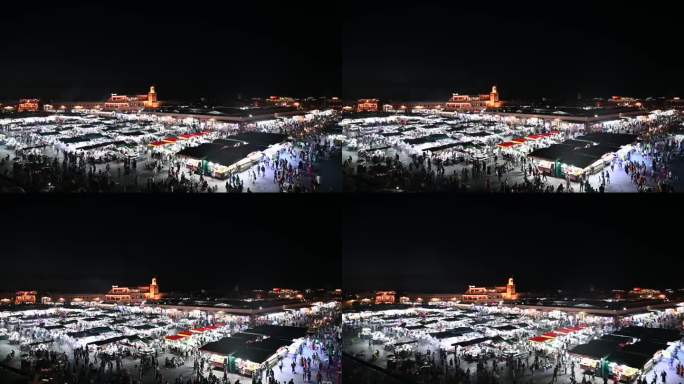 高角度观察摩洛哥马拉喀什的Djemma El Fna夜晚