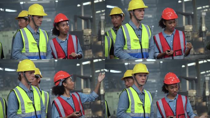一组多元化的工厂亚洲工人与工业工程师检查员和非裔美国女经理参观和检查制造工厂的机械设备。团队会议培训