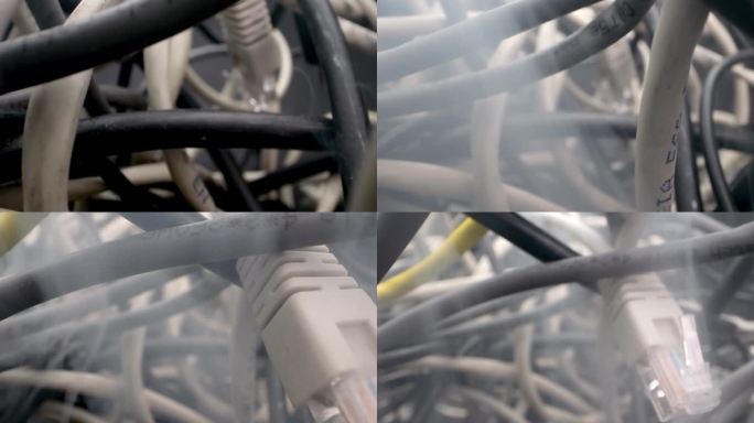 摄像机沉浸在错综复杂的网线和其他元素中。缠绕的电缆，电脑故障，烟雾的出现表明潜在的电气问题或火灾危险