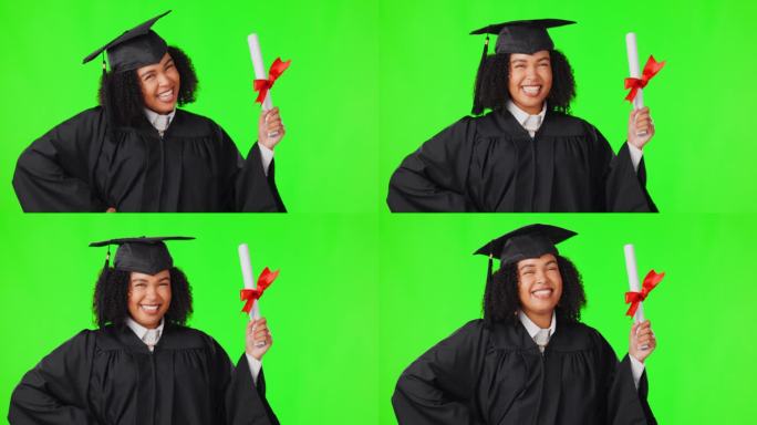 毕业帽，绿幕和女人面对孤立的工作室背景教育，大学或奖学金的成功。非洲人，大学生或研究生，学历或证书