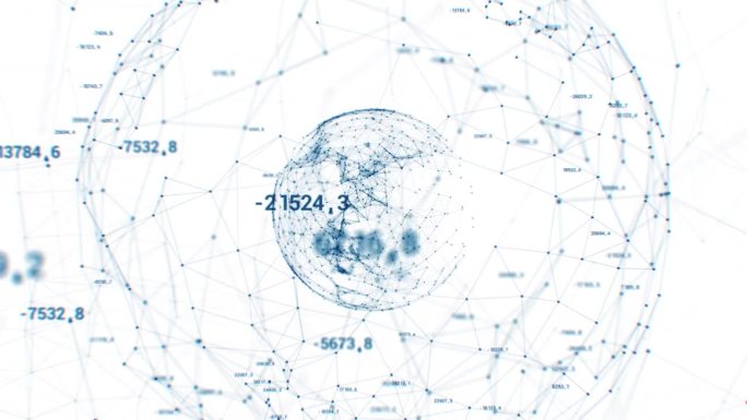 数字网络技术插图无缝3d动画。抽象虚拟空间循环中网格、球、网格和数字的增长。全球神经网络线和点人工智