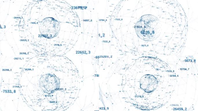 数字网络技术插图无缝3d动画。抽象虚拟空间循环中网格、球、网格和数字的增长。全球神经网络线和点人工智