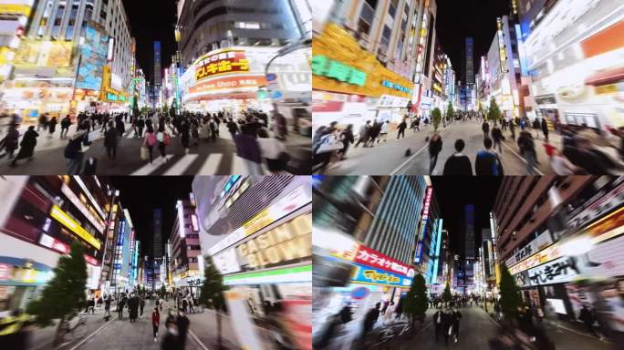 日本人的超延时延时，亚洲游客晚上走在东京新宿娱乐区歌舞伎町哥斯拉路。日本旅游旅游地标，亚洲夜生活都市
