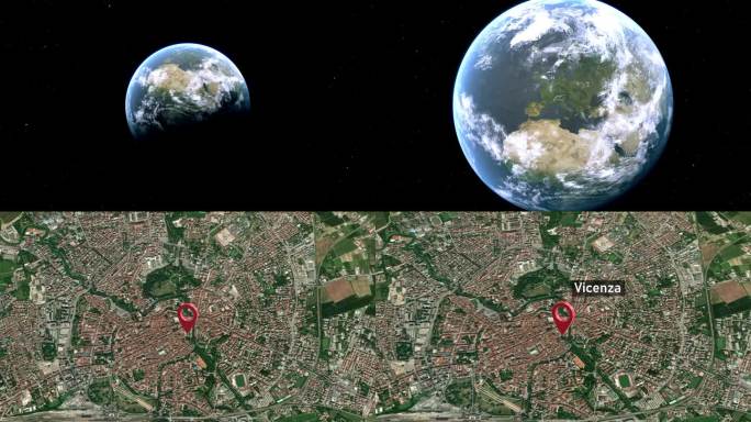 维琴察城市地图从太空到地球的缩放，意大利