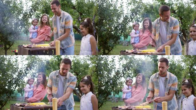 白人父母带着女儿做烧烤，全家一起吃早午餐