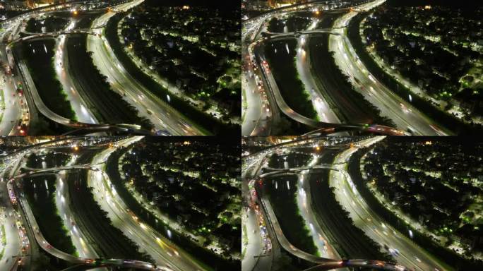 达卡市高速公路上的交通延时图。高峰期千岛立交桥夜景