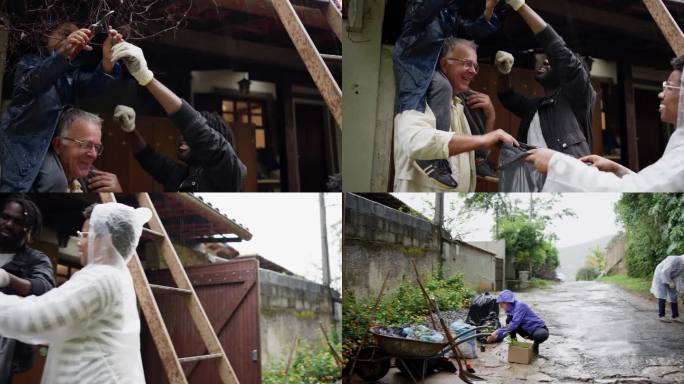 朋友和家人在下雨天打扫棚顶