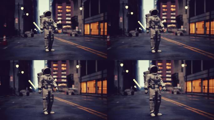 穿着宇航服的孤独宇航员站在熙熙攘攘的城市街道上