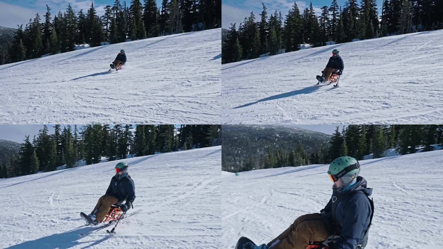 适应性运动员使用手持支腿坐式滑雪