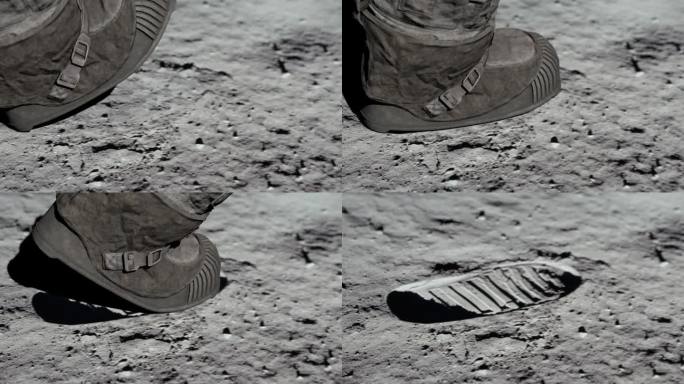 月球宇航员在月球表面行走，并在月球土壤上留下脚印。3 d渲染。本视频部分内容由NASA提供。
