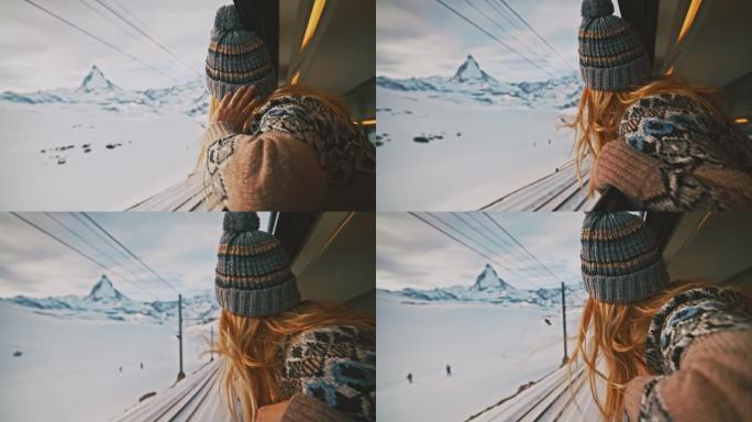 女人们乘坐著名的冰川火车前往瑞士阿尔卑斯山的马特洪峰