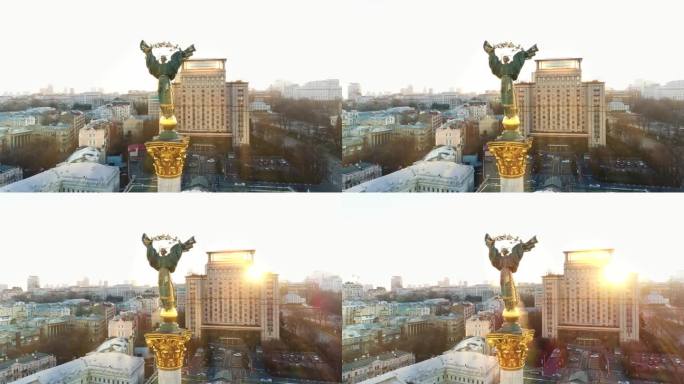 独立纪念碑Berehynia在基辅的光线，独立广场Nezalezhnosti的光线