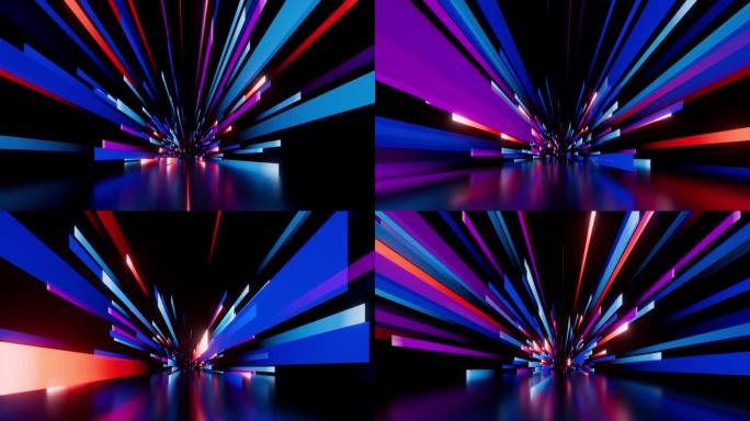 循环3d动画。抽象的背景。笔直的蓝粉色霓虹灯条纹和丝带杂乱地飞向镜头，以慢动作从中心向两侧移动