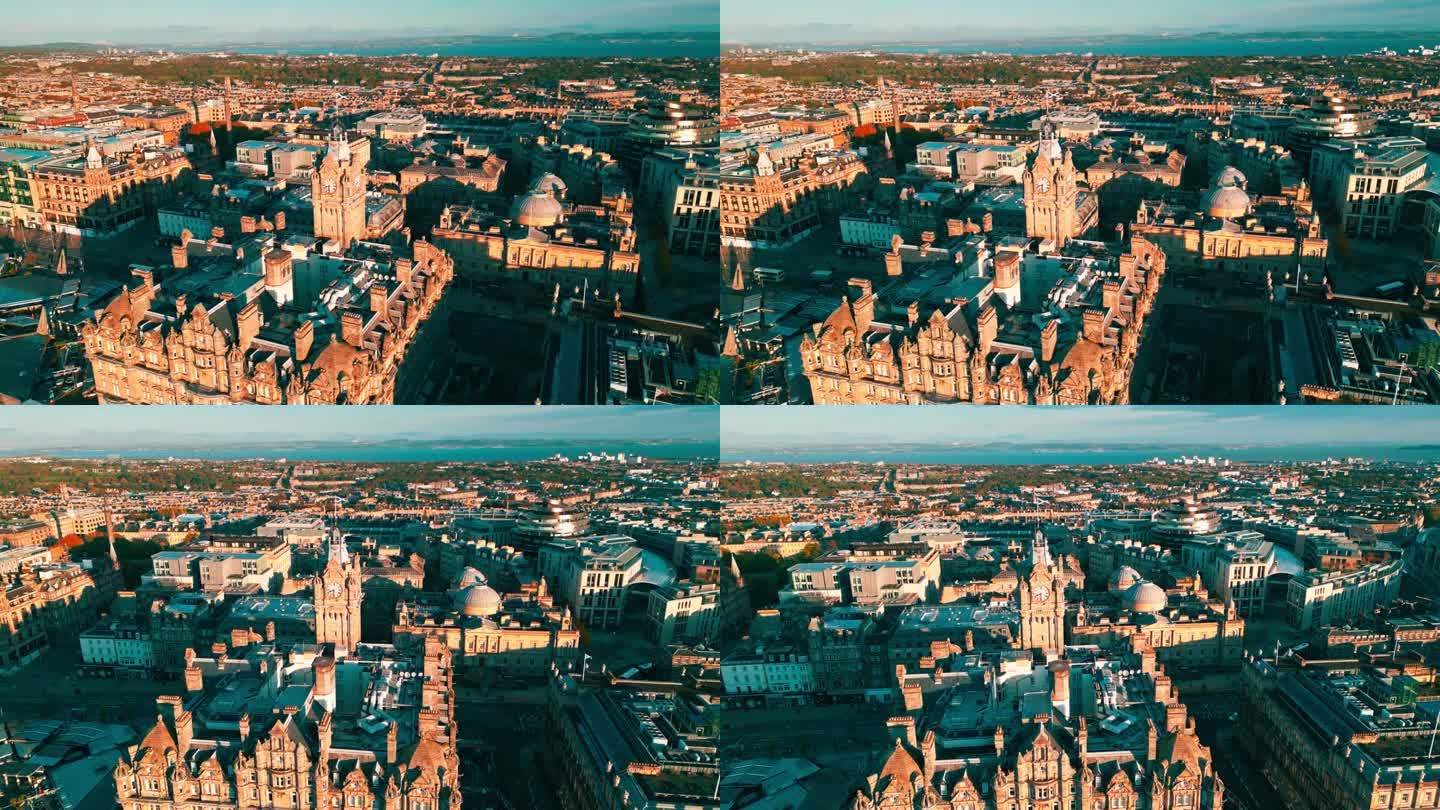 鸟瞰图在威弗利站和公主街上方的实时镜头，可以看到爱丁堡新城，苏格兰爱丁堡