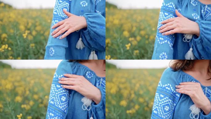 女士在展示蓝色刺绣装饰在vyshyvanka衬衫的美丽细节。乌克兰民族服装，质地，设计，民间，手工工