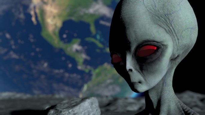可怕的灰色外星人站在月球上，看起来在眨眼睛。地球是可见的。UFO未来概念。3 d渲染。