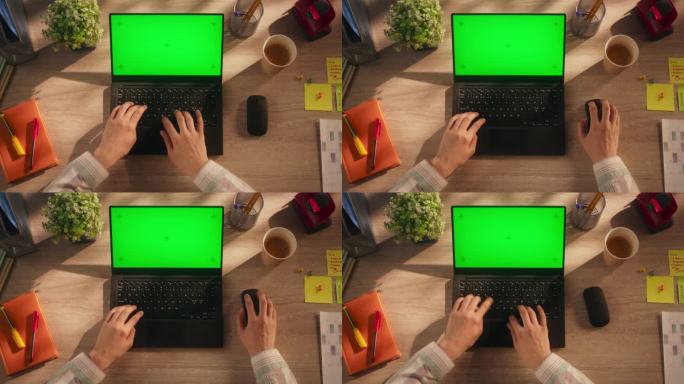匿名项目经理在笔记本电脑上打字模拟绿屏Chromakey显示与运动跟踪占位符。办公室员工与工作伙伴的