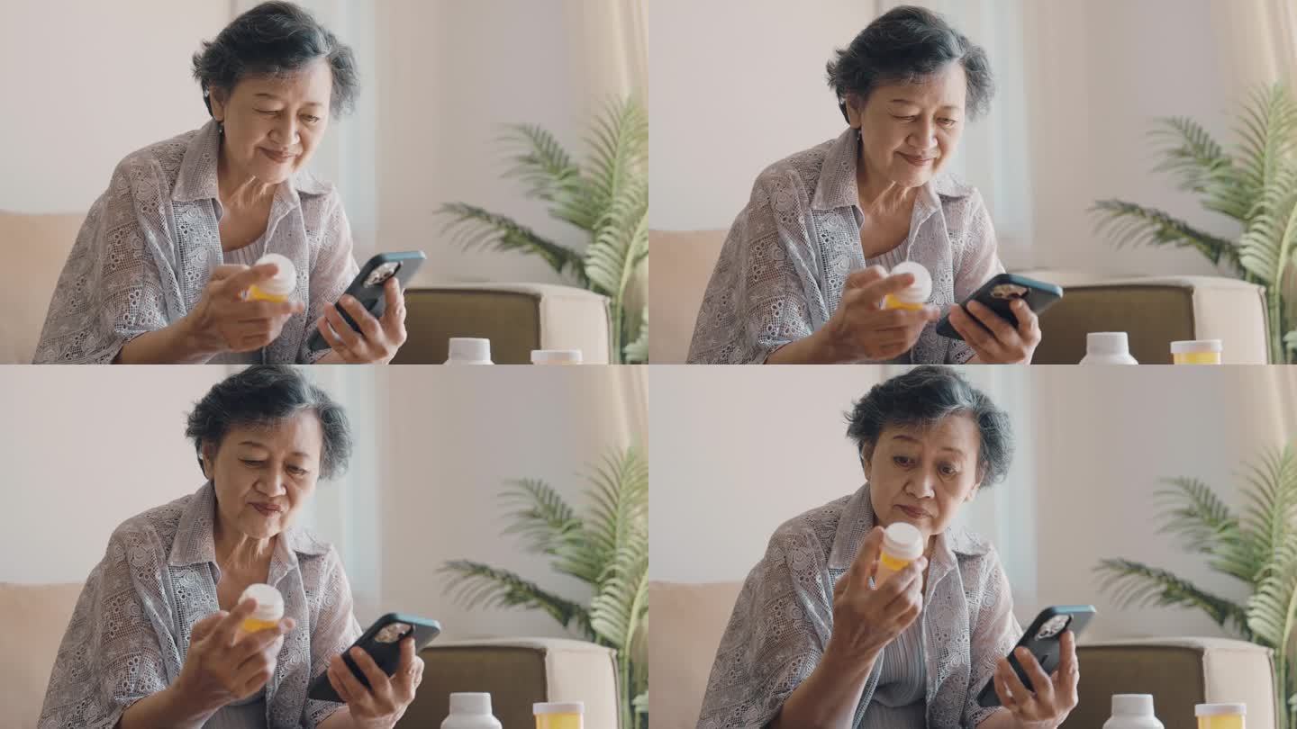 快乐的老妇人在家里用智能手机在线购买药品申请。