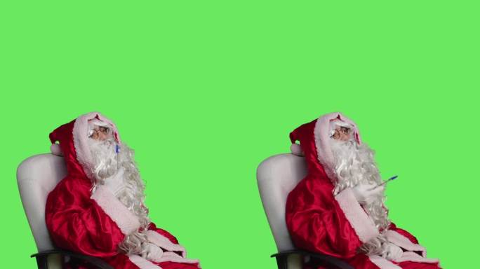 椅子上穿着红色衣服的圣诞老人的侧面视图