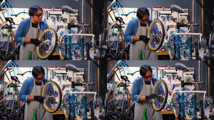 专业的自行车修理工为客户修理和组装自行车。