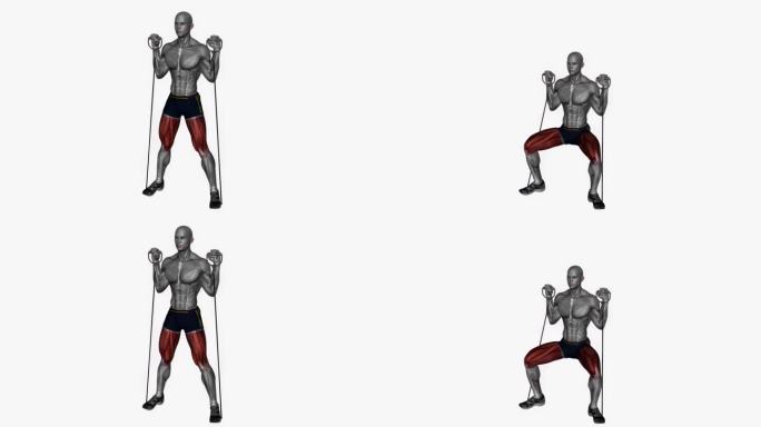 相扑蹲肩阻力带健身运动锻炼动画男性肌肉突出演示4K分辨率60 fps