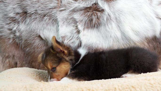侧视图可爱的小柯基彭布罗克小狗躺在狗枕头上。