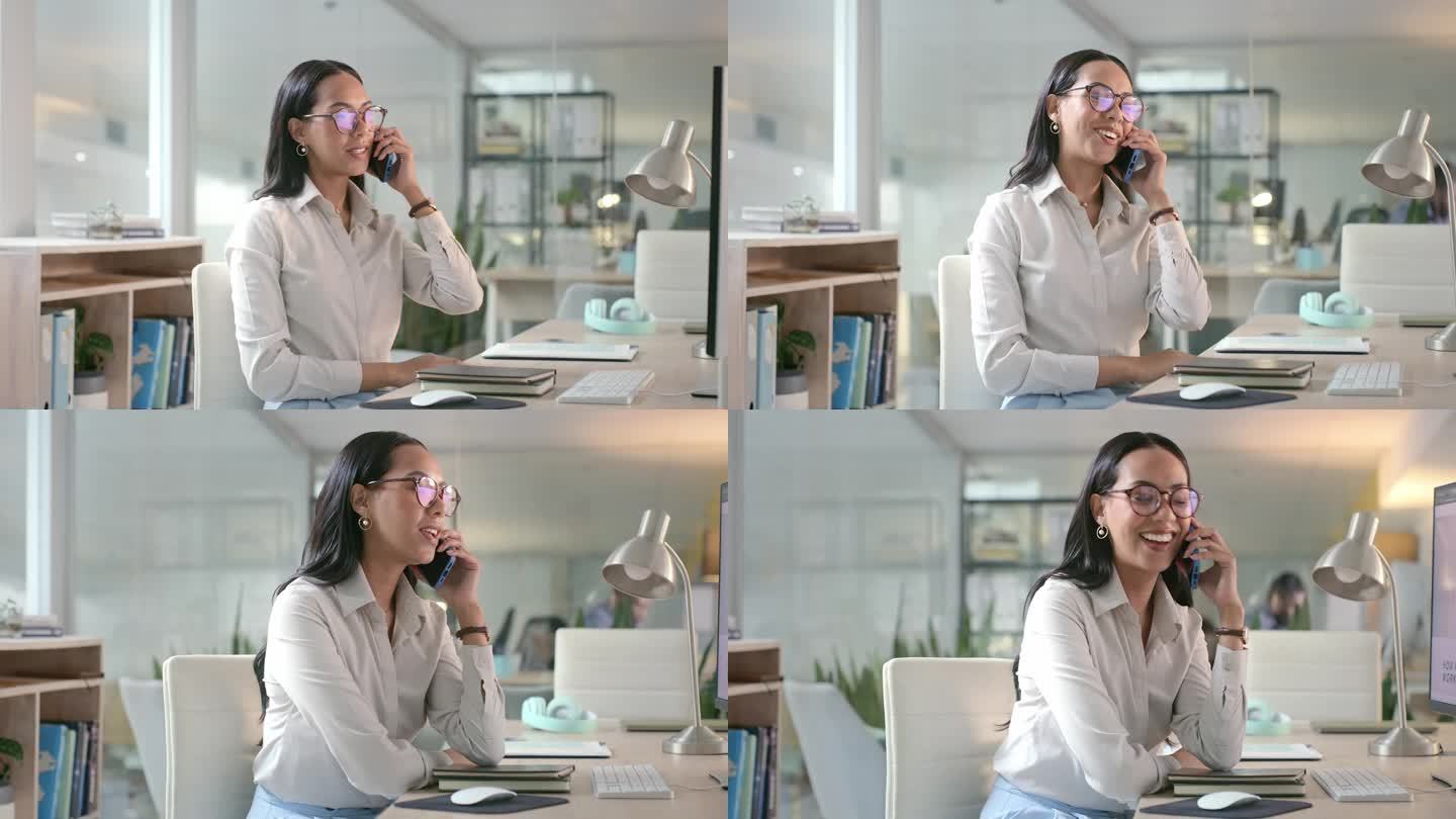 电话，讨论和办公室里的女人在电脑上交谈，计划和时间表。商务，通信和工作人员在智能手机上进行网络，联系