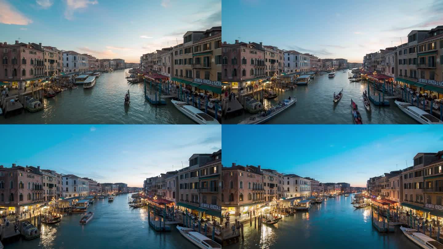 意大利威尼斯里亚托桥上大运河的日落时间流逝。