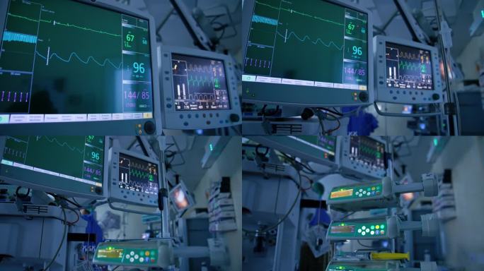 仔细看看先进的医疗设备。创新的机器在手术中工作。肺呼吸机监视器关闭。