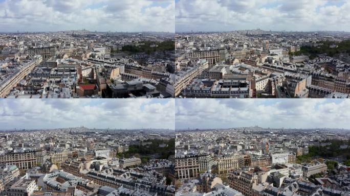 在阳光明媚的日子里飞过巴黎的屋顶，城市网格，法国