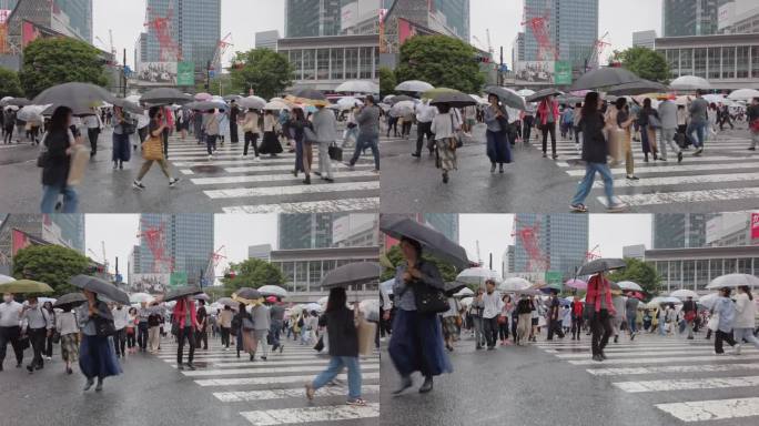 三角帆发射，倾斜。日本东京，行人穿过涩谷十字路口