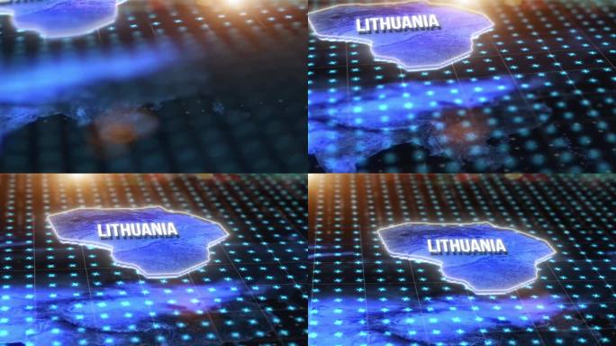 黑暗数字地图，立陶宛的位置和蓝光hud上的全息图，pin或3d渲染。雷达网格、虚拟现实或国家网格坐标