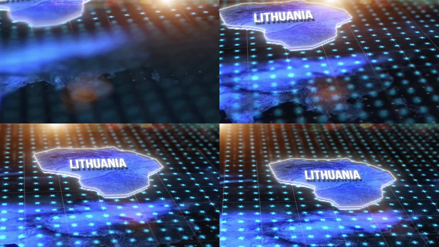 黑暗数字地图，立陶宛的位置和蓝光hud上的全息图，pin或3d渲染。雷达网格、虚拟现实或国家网格坐标