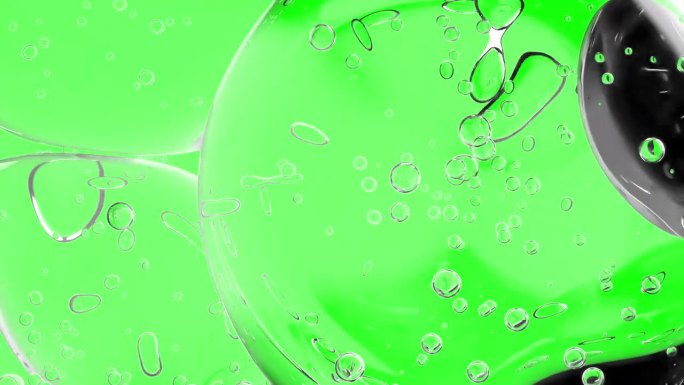 气泡元素动画。气泡在绿色屏幕和黑色背景上的运动。可用于皮肤护理或化妆品行业。