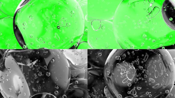 气泡元素动画。气泡在绿色屏幕和黑色背景上的运动。可用于皮肤护理或化妆品行业。