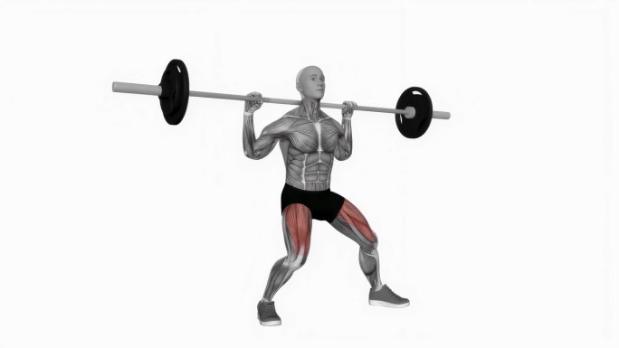 杠铃侧分深蹲健身运动锻炼动画男性肌肉突出演示4K分辨率60 fps