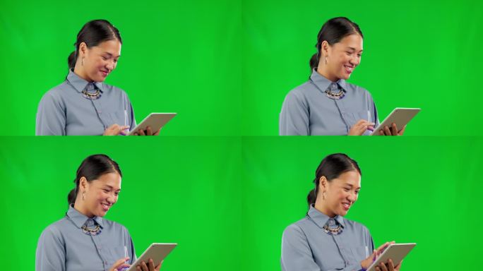 快乐的亚洲女人，平板电脑，在绿屏上为有趣的笑话或社交媒体大笑，背景是工作室。女性，对网络、表情包或交